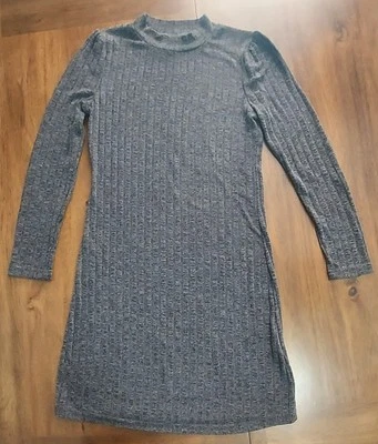 Vestido de punto acanalado gris oscuro manga larga cuello redondo sin marca talla 11-12 para niñas grandes Foto 1 de 3