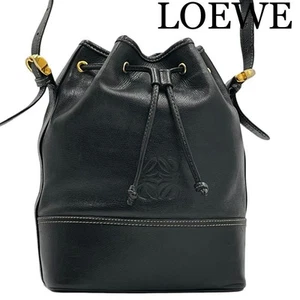 LOEWE Shoulder Bag Drawstring Anagram Black Leather Women's USED FROM JAPAN - Picture 1 of 18