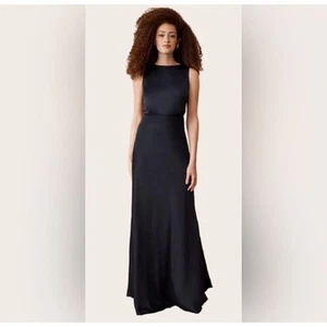 Maxi abito BHLDN Beckett raso Charmeuse blu navy taglia 10 NUOVO Anthropologie - Foto 1 di 20