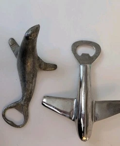 2 Vintage Stainless Bottle Openers Barware Airplane Seal - Picture 1 of 4