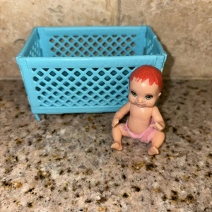Barbie Skipper Baby Doll Figure Pink Bottoms & Red Orange Hair Teal Crib # 3887 - Picture 1 of 9