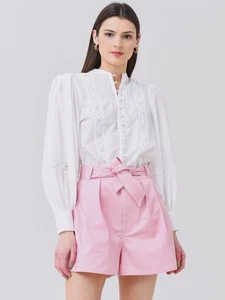 Hunter Bell Feer Blouson Covered Button Lace Trim White Silk Blend Top M $335 - Picture 1 of 7