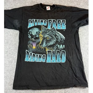 Vintage 90er Motorrad Hemd Herren Large schwarz Grafik Wolf Riding Hard Grunge - Bild 1 von 7