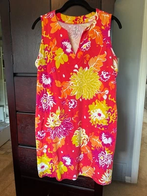 Lands' End Shift Dress Tropical Floral Orange Pockets V Neck Cotton Petite Small - Image 1 of 4
