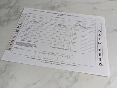 Beauty and the Beast Production Set Time Log Form RARE Disney Movie Memorabilia - Image 1 of 3