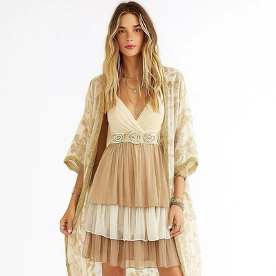 Pretty Angel Fairy Dress XL Cream Tan Shimmering Tiered Boho  Babydoll Mini - Image 1 of 4