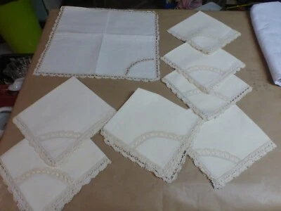 lot de 8 serviettes de table anciennes pourtour en dentelle - Photo 1/3