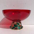 Vintage Ruby Red Glass Holly Berry Christmas Candy Bowl Teleflora Gift footed