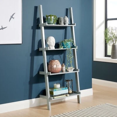 Ladder Shelving Unit Grey 4 Tier Display Stand Bookcase Shelf Wall Rack Storage - Image 1 of 4