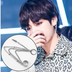 KPOP Idol BTS V Taehyung Feather Layered Triple Chain Surgicalsteel Earring Clip - Picture 1 of 10