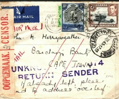 GB KGVI 7d Cubierta KUT FRANQUEO MIXTO Bedford RETOUR S.Africa WW2 Censor 1943 W363 Foto 1 de 4