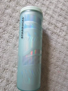 STARBUCKS 2021 Mint Green Reflective Leaves Tumbler 16 oz. Lidded Coffee Cup NEW - Picture 1 of 2