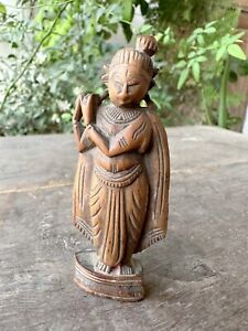 Antique Old Rare Hand Carved Wood Hindu God Krishna Standing Figure Small Statue