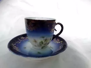 Victoria Austria Porcelain Carlsbad Flow Blue Demitasse Cup & Saucer Good Cond. - Picture 1 of 15