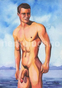 Original Pintado a Mano Pintura Acuarela Erótico Hombre Desnudo Gay - Imagen 1 de 1
