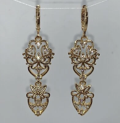 "Pendientes colgantes elegantes de topacio blanco de 2"" rellenos de oro amarillo de 18 quilates, ¡nuevos en bolsa de regalo!! Foto 1 de 3