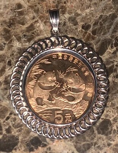 1993 China 5 Yuan Red Copper Panda With Sterling Silver Spiral Bezel Coin - Picture 1 of 2