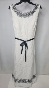 Vtg Plaza South Dress Size 16 Sleeveless Linen White Black Embroidered Floral - Picture 1 of 10