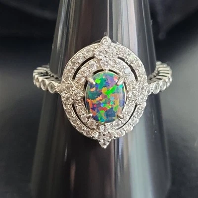 Ring Bomb Party Black Lab Fire Opal Ring Double Halo CZ Eternity Band Sz 9.5 - Image 1 of 4