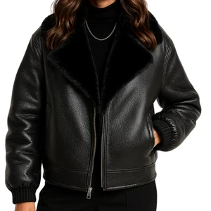 Women’s Shearling Aviator Jacket Genuine Sheepskin Biker Warm Winter Coat - Picture 1 of 7