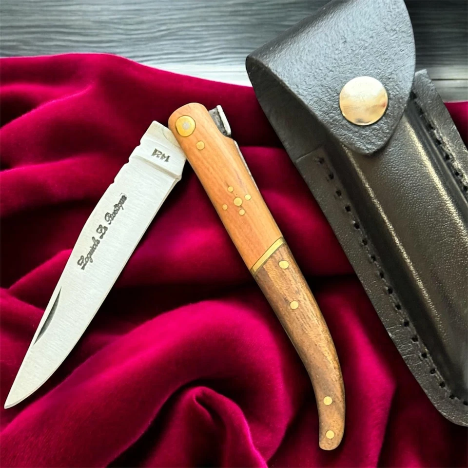 Cuchillo de Bolsillo Laguiole De Colección Hoja Mango de Madera Para Hombre Funda Cuero Raro Antiguo Foto 1 de 4