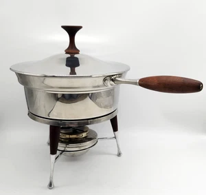 VTG MCM Retro Chafing Dish Buffet Warming Pot Round Stainless Steel Teak Wood - Picture 1 of 23