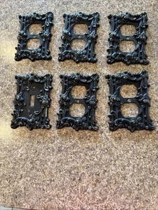5 Vintage c1967 American Tack verzierte dunkle Metall Messing Steckdosenabdeckungen 1 Lichtschalter - Bild 1 von 13