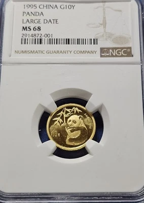 China Panda 1995 fecha grande oro 1/10 oz 10 yuanes G10Y fecha grande NGC MS68 Foto 1 de 2