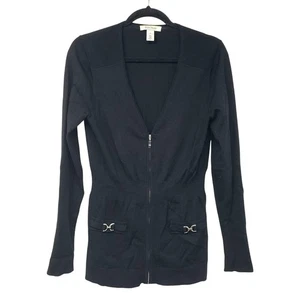 White House Black Market schwarzer Rippstrick Cardigan Pullover V-Ausschnitt silberne Details M - Bild 1 von 9