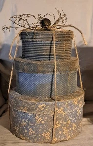 3 PRIM RUSTIC STACKABLE FABRIC COVERED BOXES 4,5,6"ROUND STORAGE/NESTING/DECOR - Picture 1 of 6
