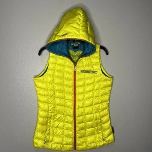 Obermeyer Hooded Down Puffer Vest Small Yellow Full Zip Outdoor Pockets Hiking - Picture 1 of 15