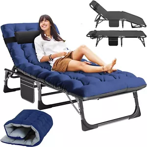 Camping Cot Adults Reclining Folding Chaise Lounge Chair Cots Adjustable w/ Mat - Picture 1 of 29