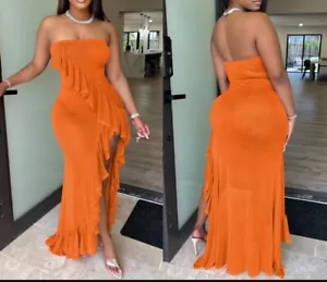 Stylish New Women Off Shoulder Side Slit Ruffled Mesh Bodycon Long Dress Club - Picture 1 of 17