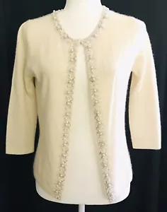 Vintage Cashmere Winter White Beaded Cardigan Sweater Lord And Taylor Size Small - Picture 1 of 12