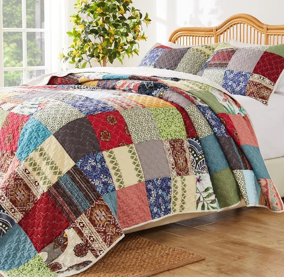 BOHO FARMHOUSE 3p Queen QUILT SET : RENEE COTTON PATCHWORK RED BLUE COUNTRY - Image 1 of 4