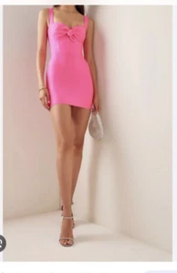 Mini abito Alex Perry TG 4 INDOSSATO UNA VOLTA annodato rosa fluo bustier jersey elasticizzato - Foto 1 di 15