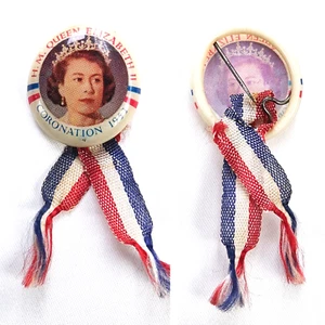 Vtg 1953 Queen Elizabeth II Coronation Ribbon Pin Badge Printed Celluloid Brooch - Picture 1 of 13