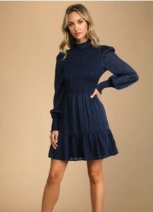 Lulu's Heartful Romance Navy Striped Smocked Long Sleeve Mini Dress-M-GUC - Imagen 1 de 8