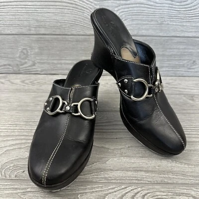 Zapato Cole Haan Jianna Cuero Negro Mujer 8.5AA Plata Hebilla Cuña Mules D17476 Foto 1 de 4