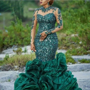 Hunter grünes Abendkleid Organza Applikation lange formelle Pailletten Abschlussballkleid - Bild 1 von 5