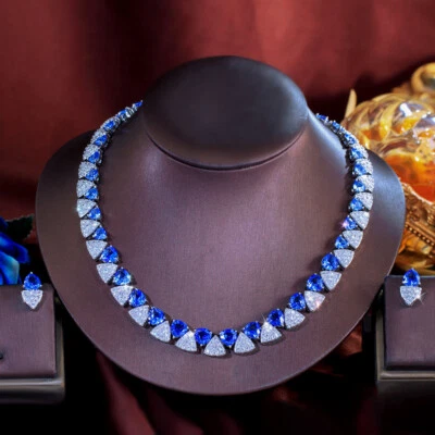 Conjunto de joyas nupciales de tanzanita circonita circonita circonita collar tenis geométrico plateado Foto 1 de 4