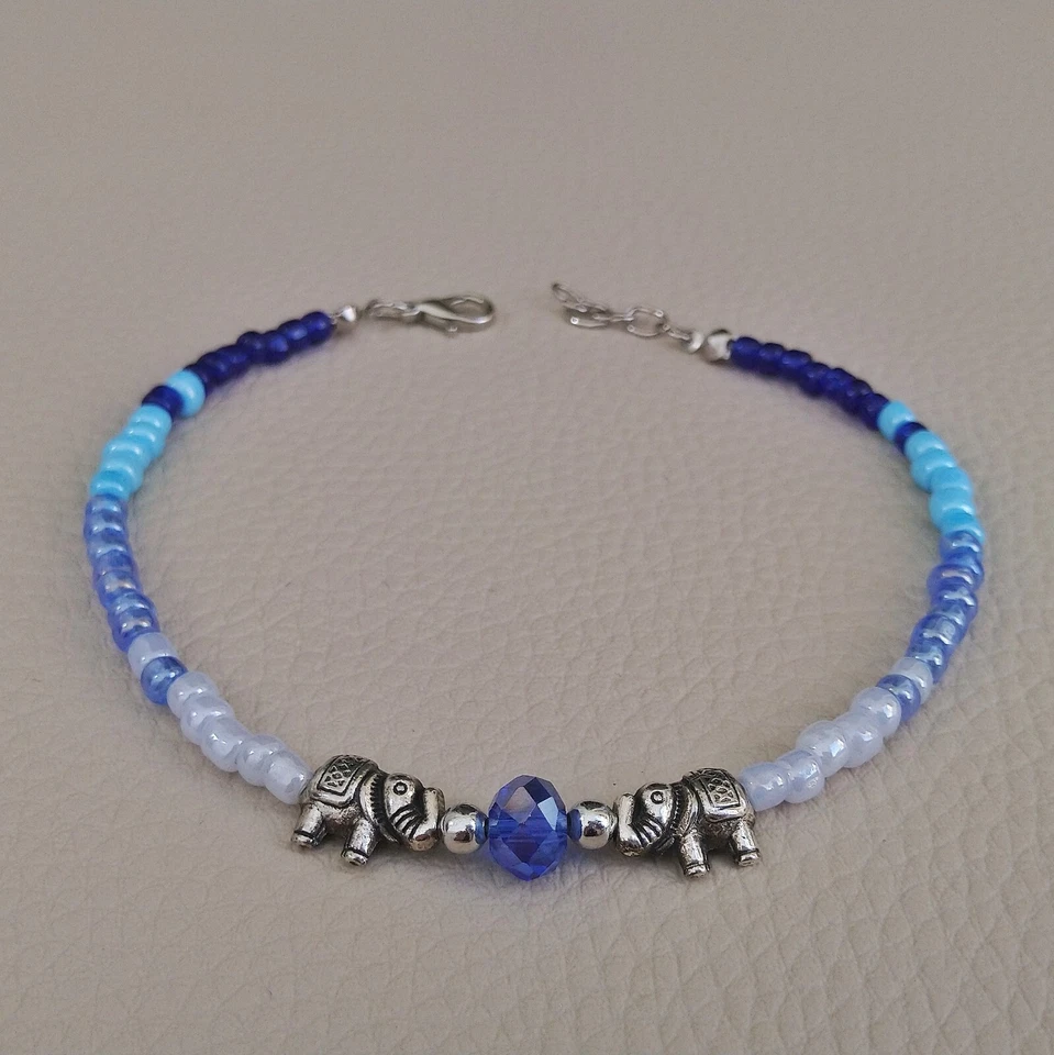 Pulseira feminina Lucky Elephant contas de semente de vidro azul tornozeleira frisada tornozelo 9,5" - Imagem 1 de 4