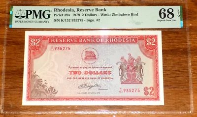 RHODESIA $2 Dollars 1979, P-39b PMG 68 EPQ Superb Gem UNC Rhodesian BANKNOTE - Image 1 of 4