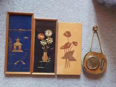 Vintage Intarsien Stroh Wandbilder + Wetterstation Deko 50er 60er Rockabilly - Bild 1 von 4