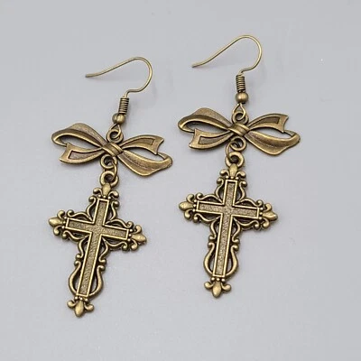 Cross Pierced Earrings Bronze tone Long Bow Dangle New 1.75" - Image 1 of 4