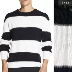 DKNY striped cotton ribbed crewneck mens sweater Size Small black/white - Picture 1 of 10