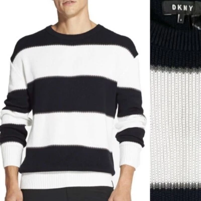 DKNY Rayas Algodón Acanalado Cuello Redondo Hombre Suéter Talla Pequeña Negro/Blanco Foto 1 de 4