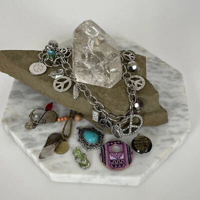 Peace Charm Necklace Pendant Lot Faux Turquoise Rhinestone Flip Flop Glass Beads - Image 1 of 4