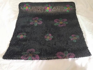 Vintage Black Sequin Material Pink & Green Painted Glitter Flowers  2.056yards - Picture 1 of 11