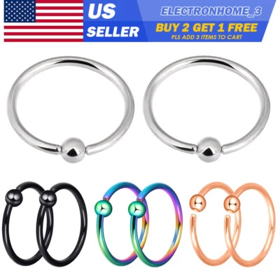 2Pcs 20G Surgical Steel Captive Bead Nose Hoop Septum Lip Ring Earrings Piercing - Image 1 of 4